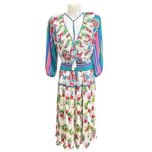 Diane‎ Freis Vintage Georgette Midi Floral Pleated Smocked Dress L/XL w/ Scarf